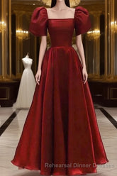 Burgundy A Line Long Semi Formal Prom Dress with Short Sleeves, New Party Gown